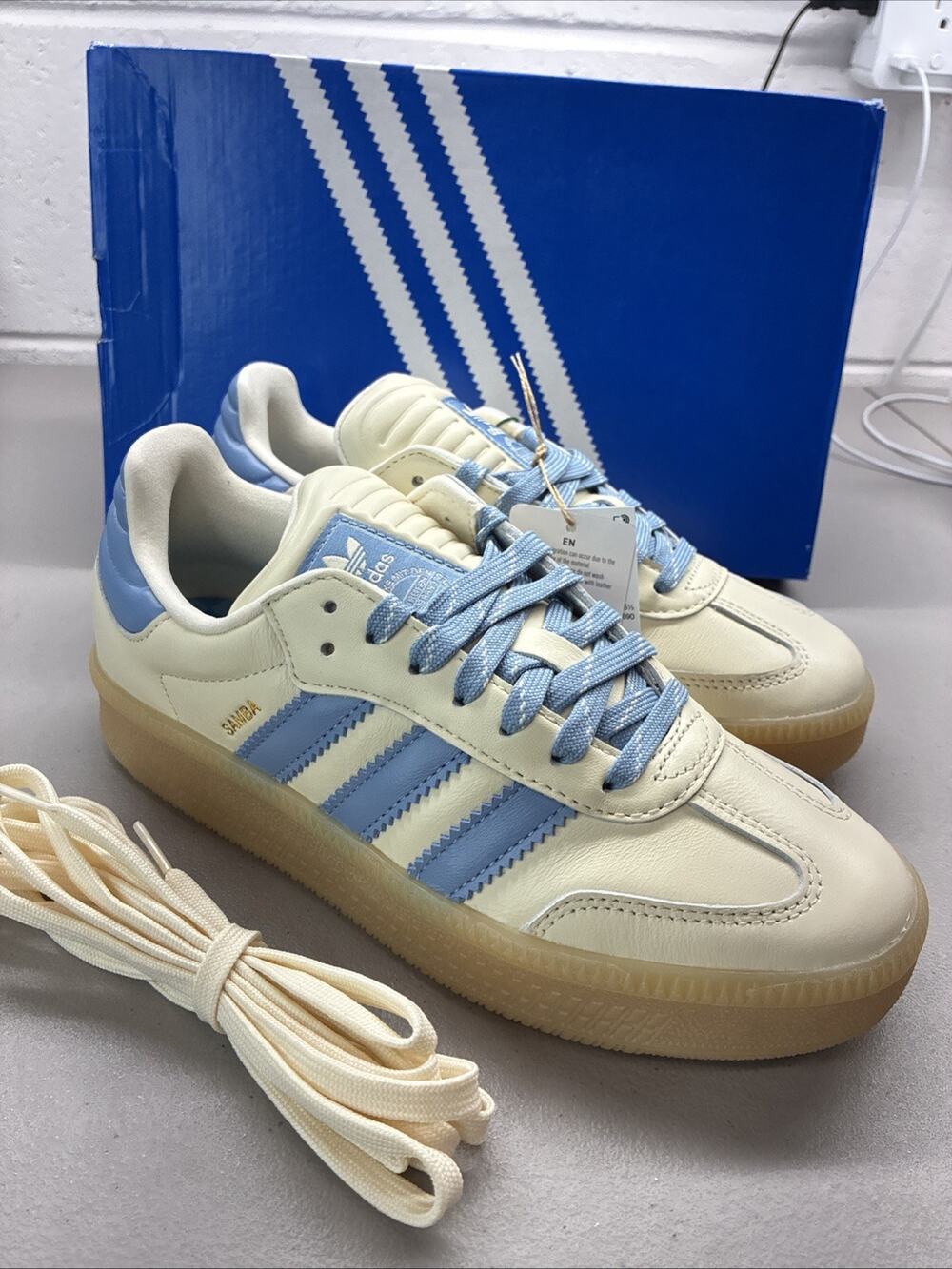 New adidas Samba XLG J Unisex Kids Sneakers US Size 6 Beige/Blue Leather HQ0251